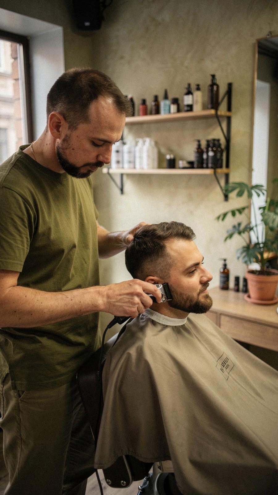 Barber shaping a client's beard with clippers in a warm-lit Podil studio